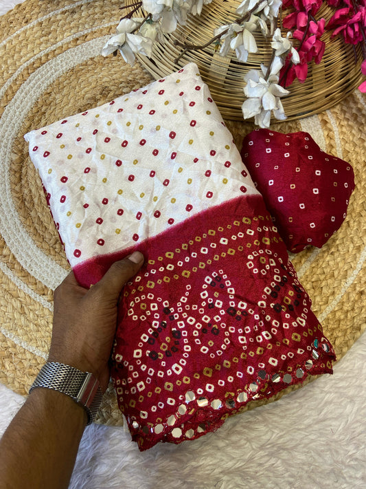 TRENDY MIRROR BORDER BANDHANI SAREE