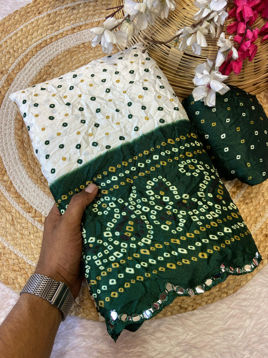 Green White Bandhani Moss Silk