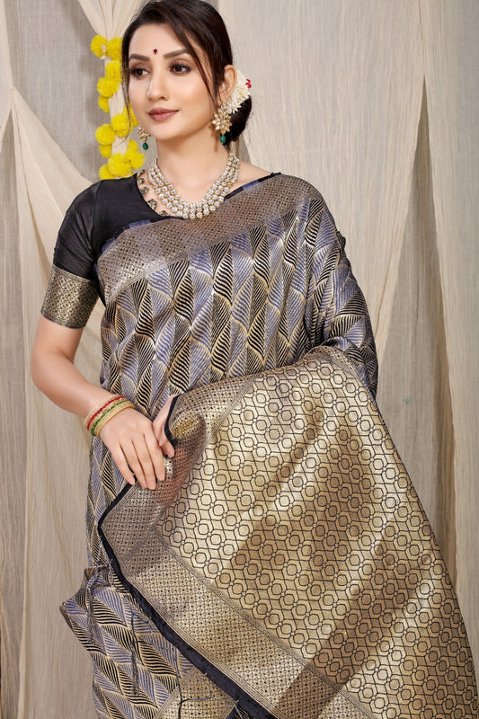 Zebra Pattern Pure Silk Saree with Gold Zari Work