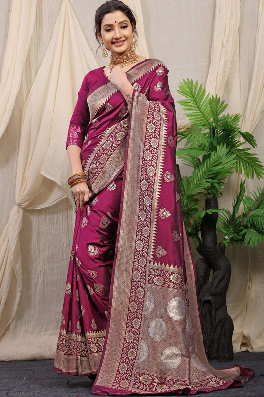 Women’s Handloom Soft Lichi Silk Saree with Silver & Gold Zari
