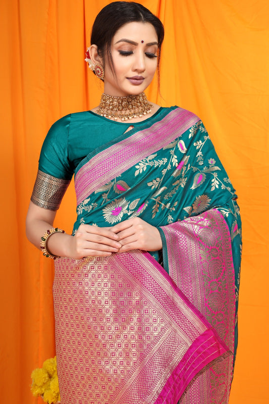 Woven Design Heavy Zari Work Kanjeevaram Silk Saree - Blue Green