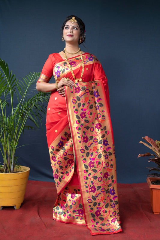 Fire Red Woven Design Zari Pure Silk Banarasi Saree