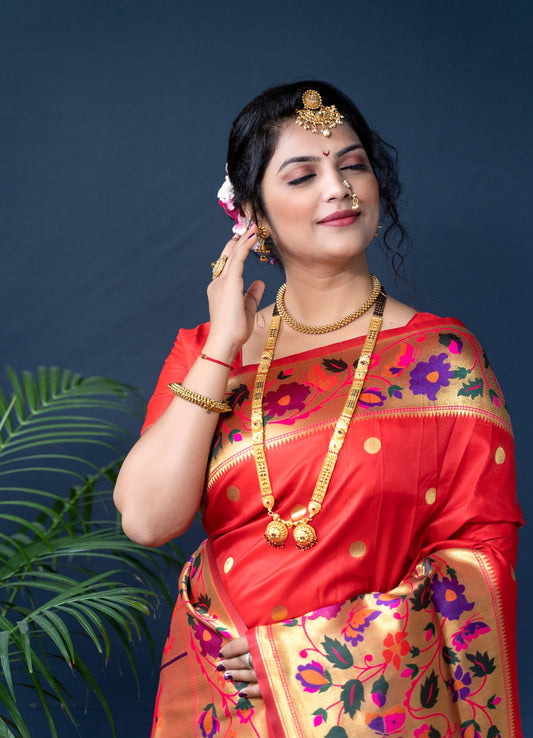 Fire Red Woven Design Zari Pure Silk Banarasi Saree