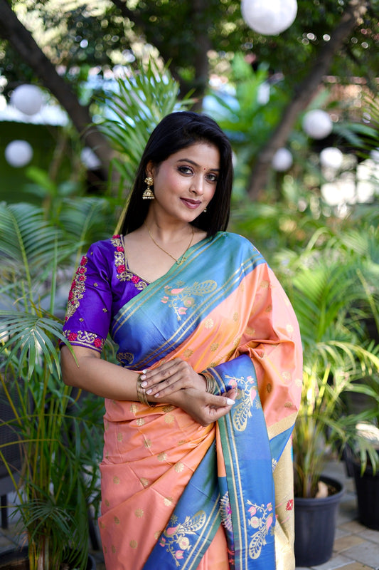 Woven Design Zari Pure Silk Designer Paithani Sarees - Peach Pink