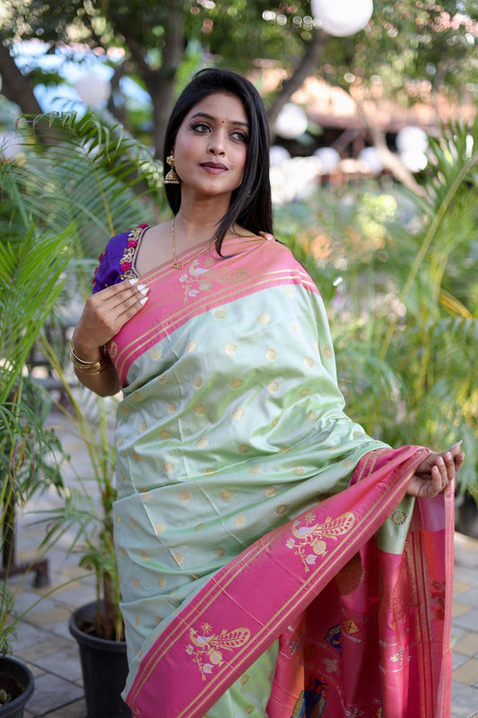 Woven Design Zari Pure Silk Designer Paithani Sarees - Sky Blue