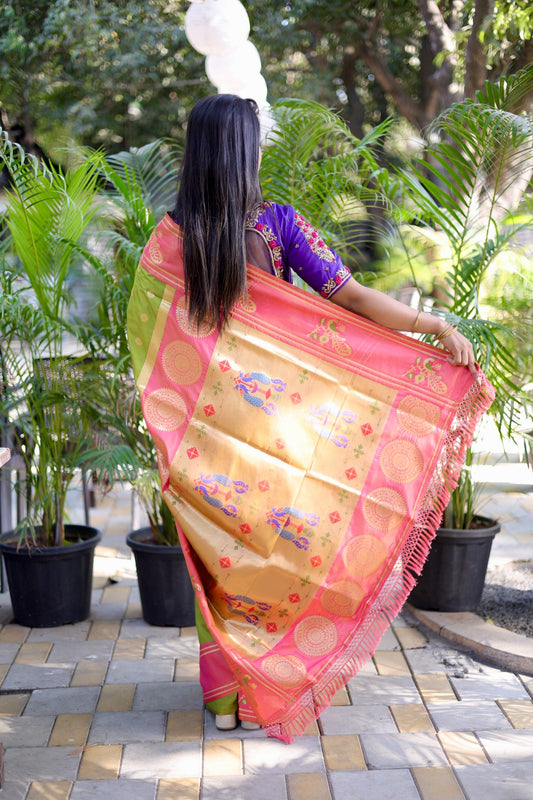 Woven Design Zari Pure Silk Designer Paithani Sarees - Sage Green