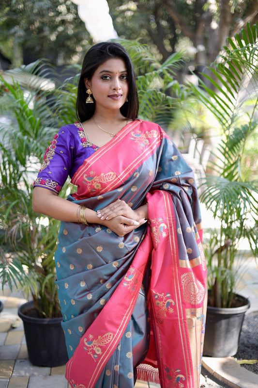 Woven Design Zari Pure Silk Designer Paithani Sarees - Grey