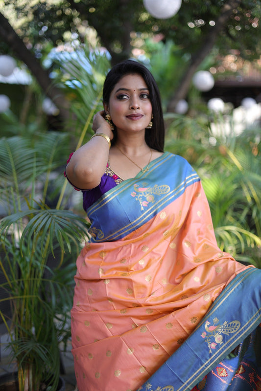 Woven Design Zari Pure Silk Designer Paithani Sarees - Peach Pink