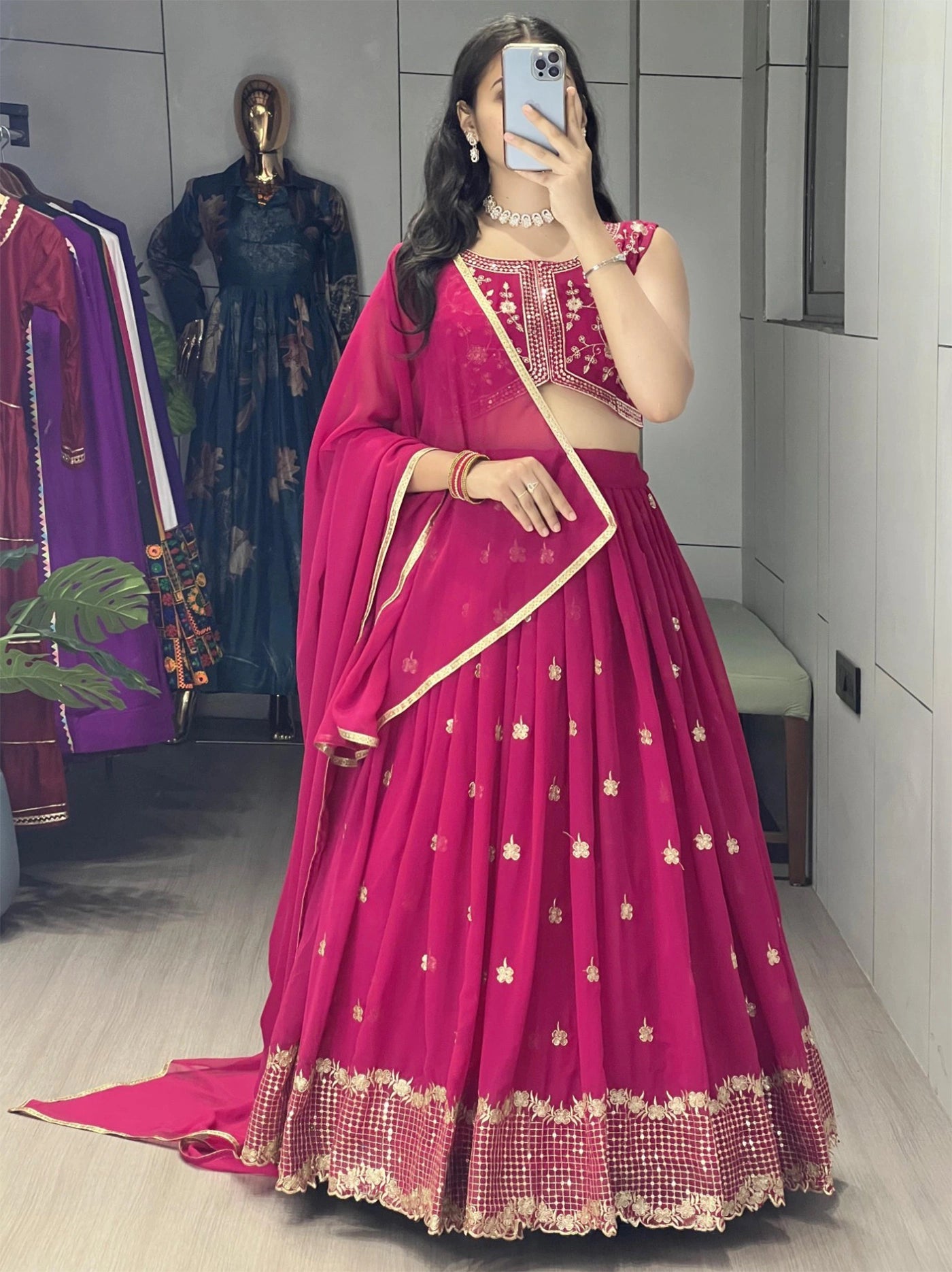 Embellished Semi Stitched Lehenga Choli (Pink)