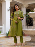 Women Mango Silk Kurti Pant Dupatta Set with Sequins Embroidery Work