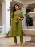 Women Mango Silk Kurti Pant Dupatta Set with Sequins Embroidery Work
