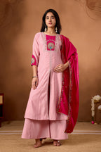 Women Anarkali Kurti Plazo Dupatta Set in Roman Silk with Embroidery Work
