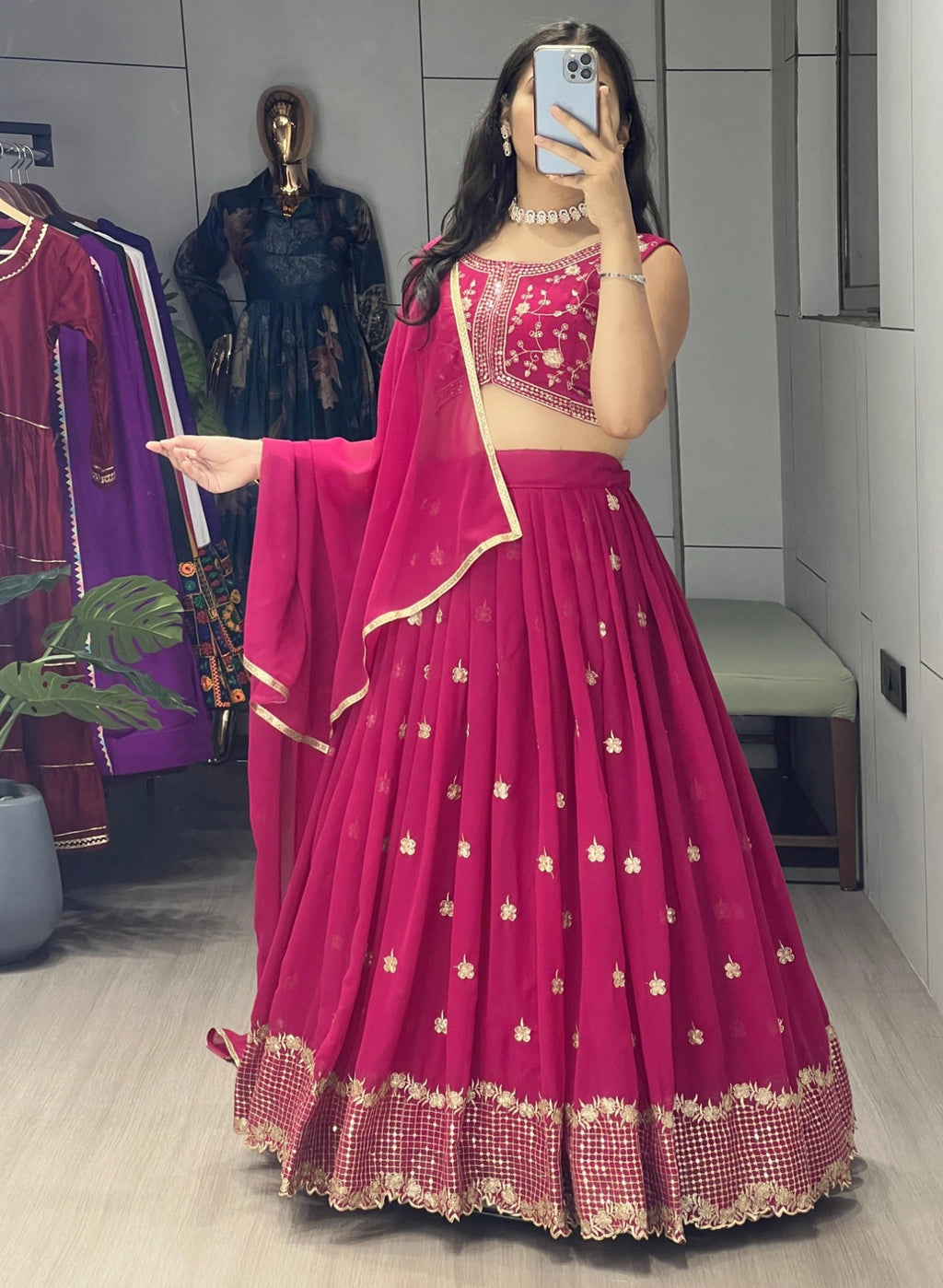 Embellished Semi Stitched Lehenga Choli (Pink)