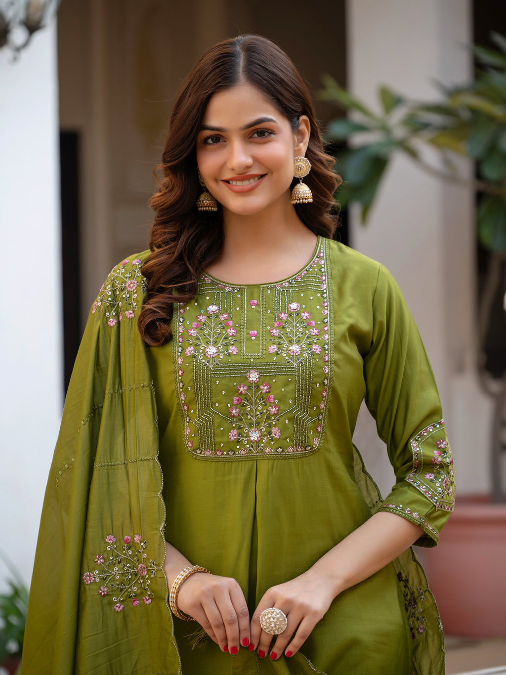 Women Mango Silk Kurti Pant Dupatta Set with Sequins Embroidery Work