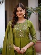 Women Mango Silk Kurti Pant Dupatta Set with Sequins Embroidery Work