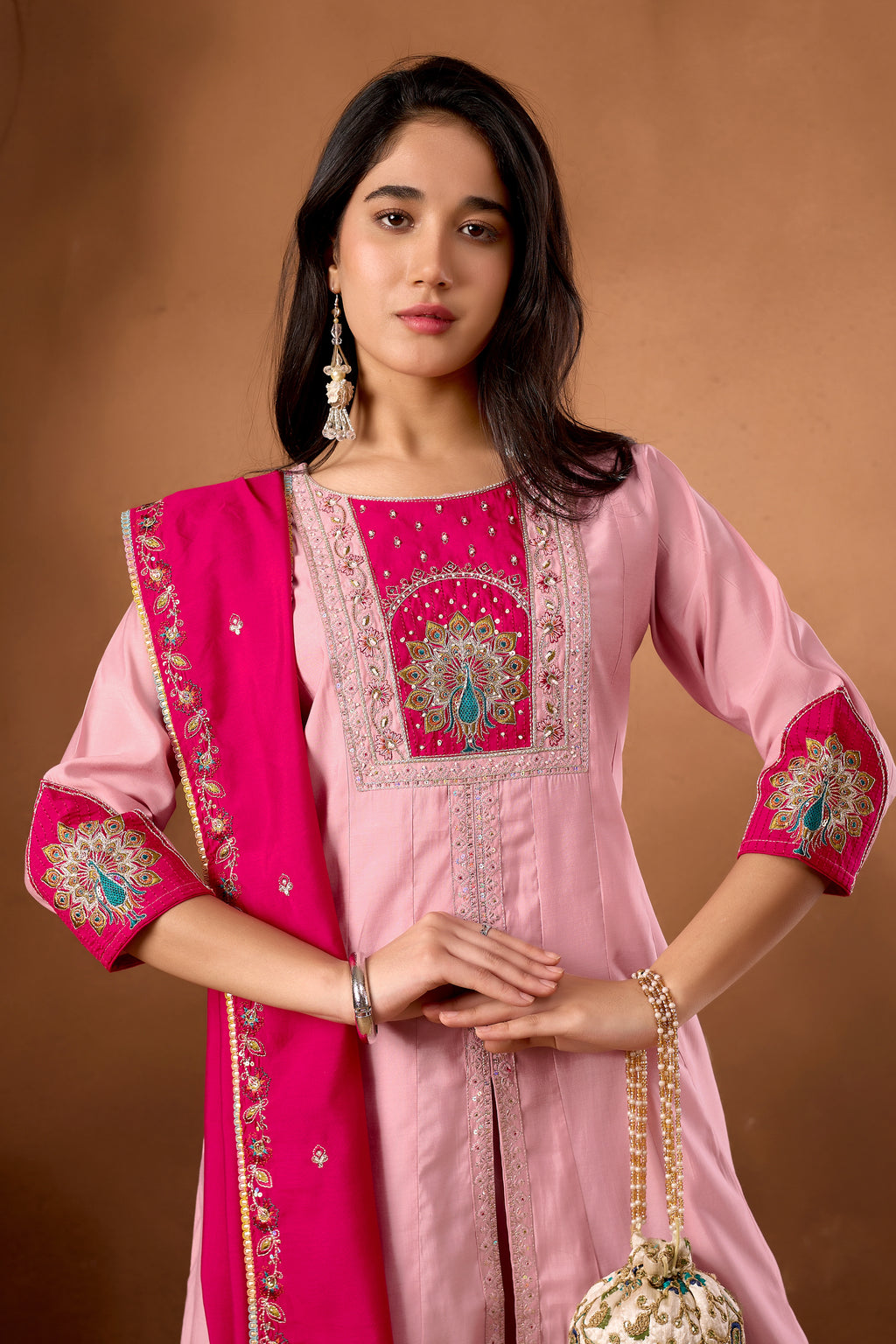 Women Anarkali Kurti Plazo Dupatta Set in Roman Silk with Embroidery Work