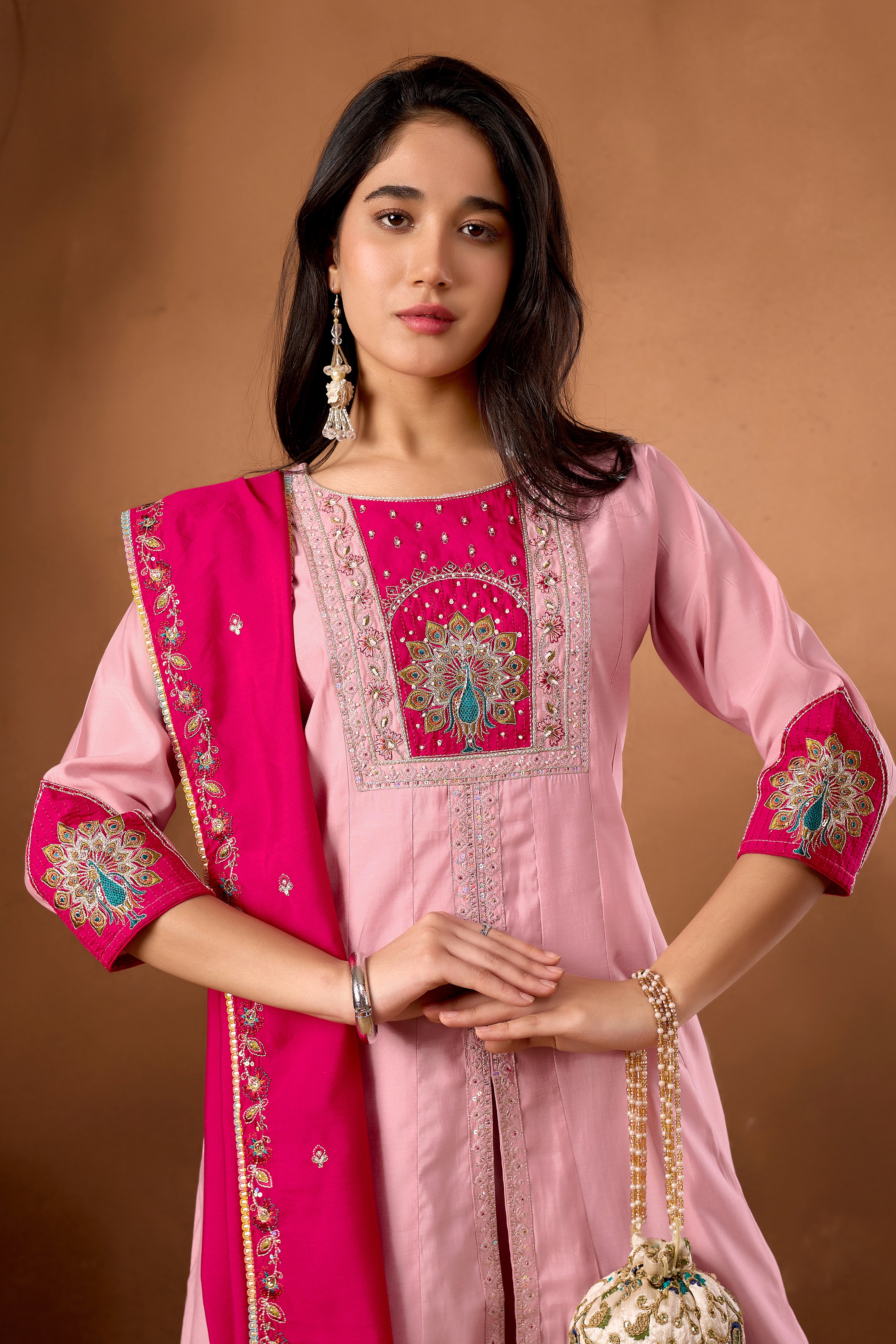 Women Anarkali Kurti Plazo Dupatta Set in Roman Silk with Embroidery Work
