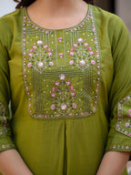 Women Mango Silk Kurti Pant Dupatta Set with Sequins Embroidery Work
