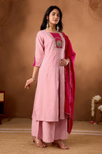 Women Anarkali Kurti Plazo Dupatta Set in Roman Silk with Embroidery Work