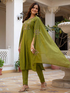 Women Mango Silk Kurti Pant Dupatta Set with Sequins Embroidery Work