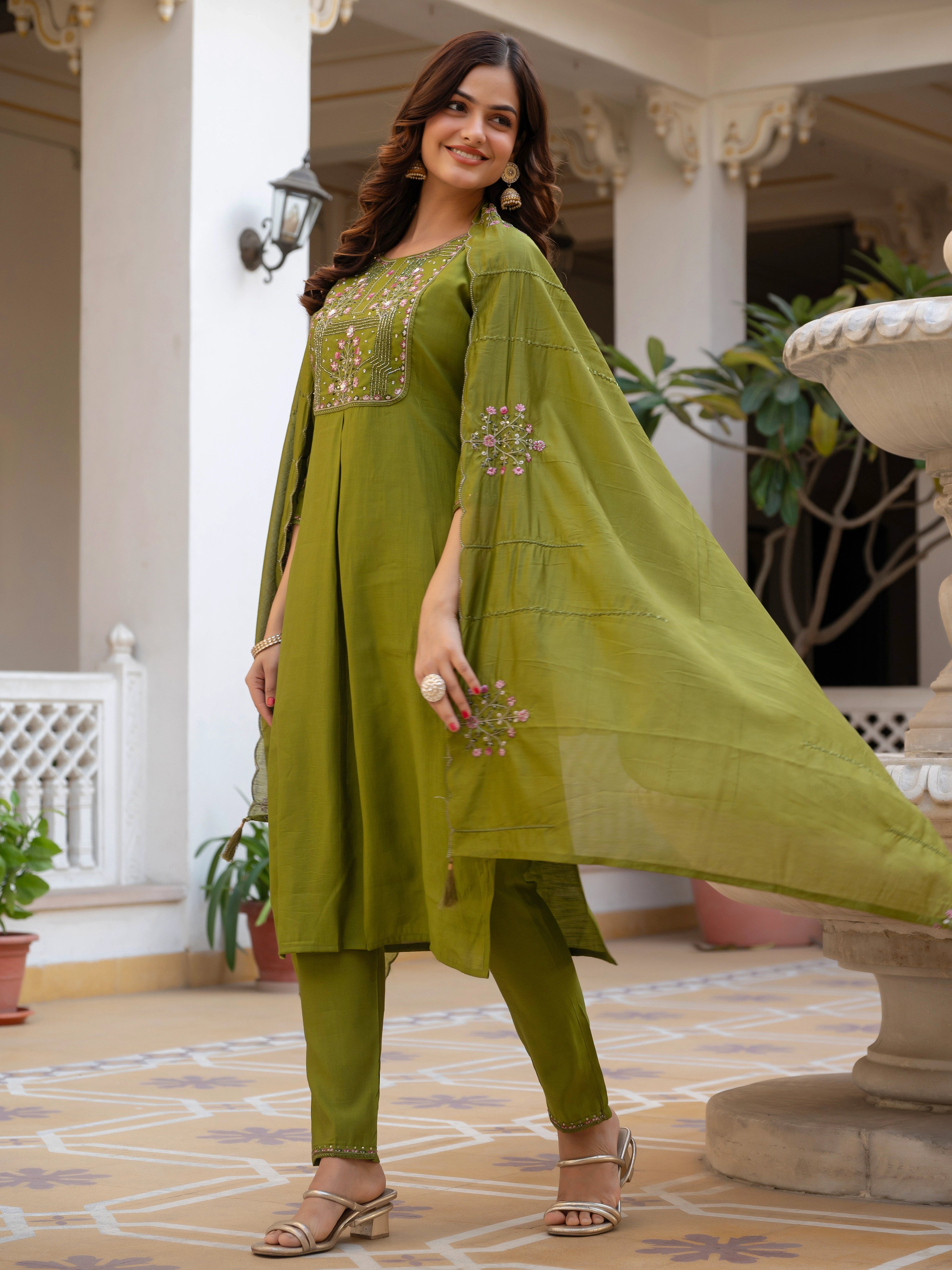 Women Mango Silk Kurti Pant Dupatta Set with Sequins Embroidery Work