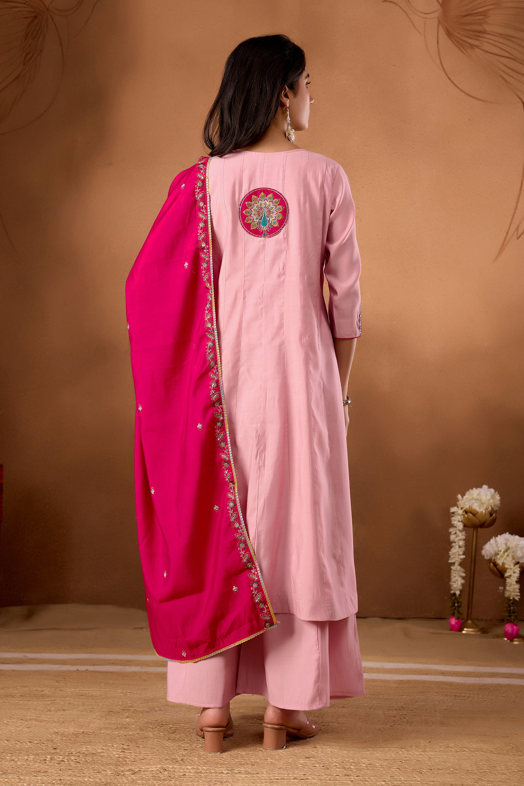 Women Anarkali Kurti Plazo Dupatta Set in Roman Silk with Embroidery Work