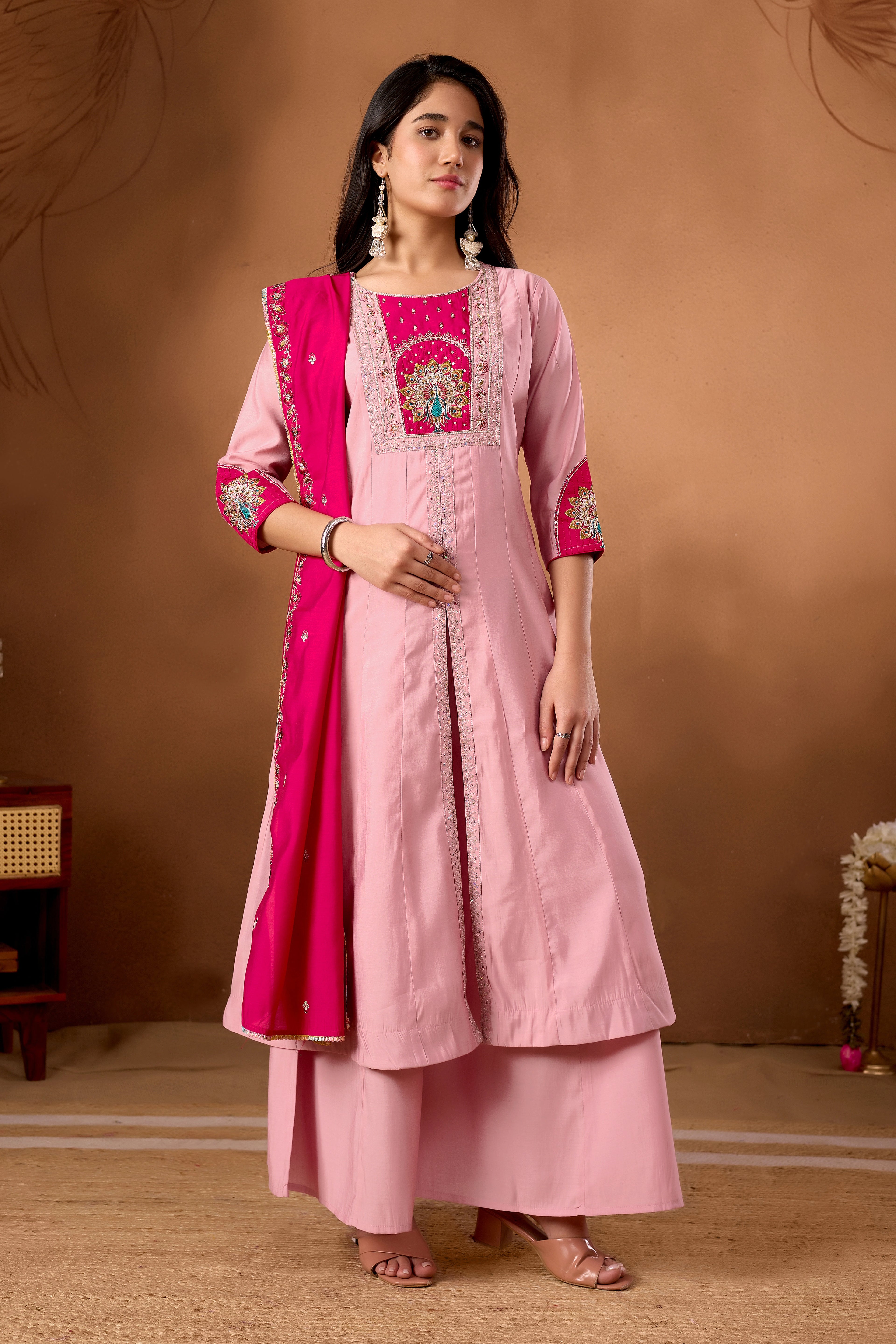 Women Anarkali Kurti Plazo Dupatta Set in Roman Silk with Embroidery Work