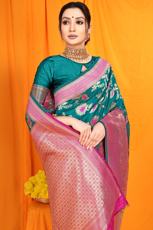 Woven Design Heavy Zari Work Kanjeevaram Silk Saree - Blue Green