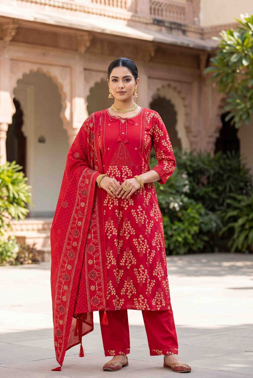 Women Pure Cotton Kurti Pant Dupatta Set with Embroidery & Hand Work