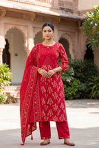 Women Pure Cotton Kurti Pant Dupatta Set with Embroidery & Hand Work