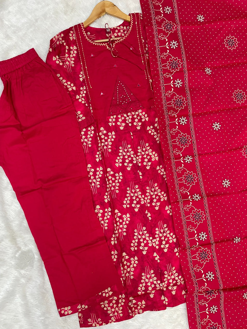 Women Pure Cotton Kurti Pant Dupatta Set with Embroidery & Hand Work