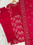 Women Pure Cotton Kurti Pant Dupatta Set with Embroidery & Hand Work