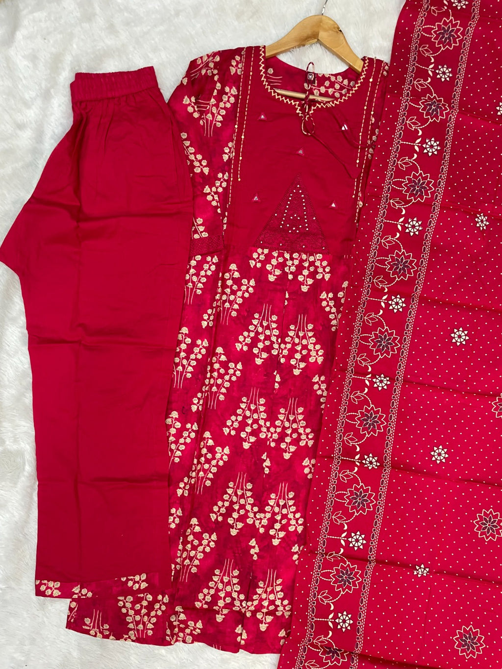 Women Pure Cotton Kurti Pant Dupatta Set with Embroidery & Hand Work