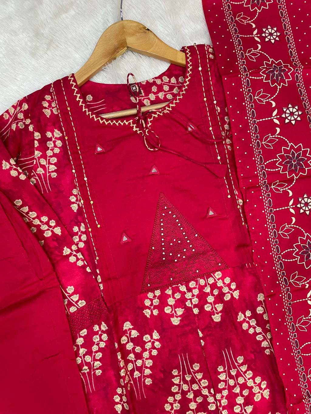 Women Pure Cotton Kurti Pant Dupatta Set with Embroidery & Hand Work