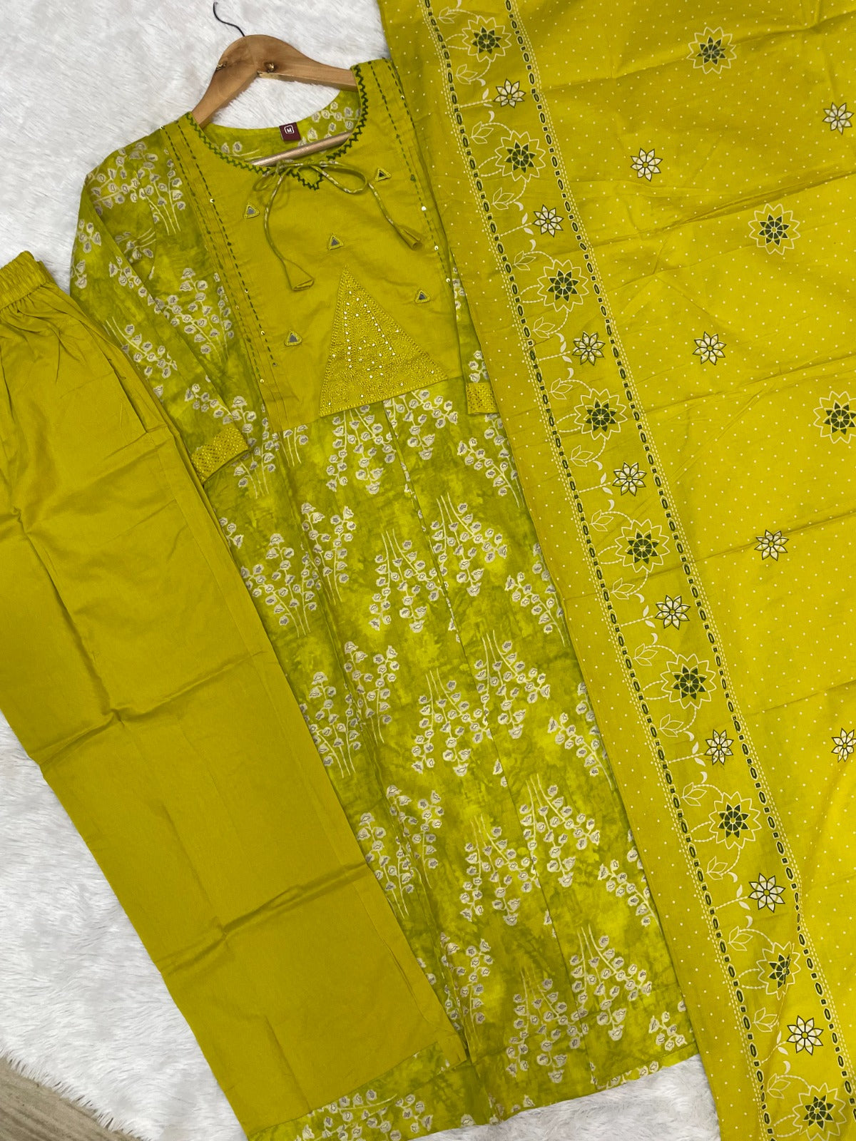 Women Pure Cotton Kurti Pant Dupatta Set with Embroidery & Hand Work