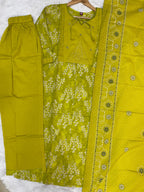 Women Pure Cotton Kurti Pant Dupatta Set with Embroidery & Hand Work