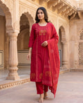 Cherry Red Cotton A-Line Kurti Pant Dupatta Set with Mirror Work | Aarvya Fashion