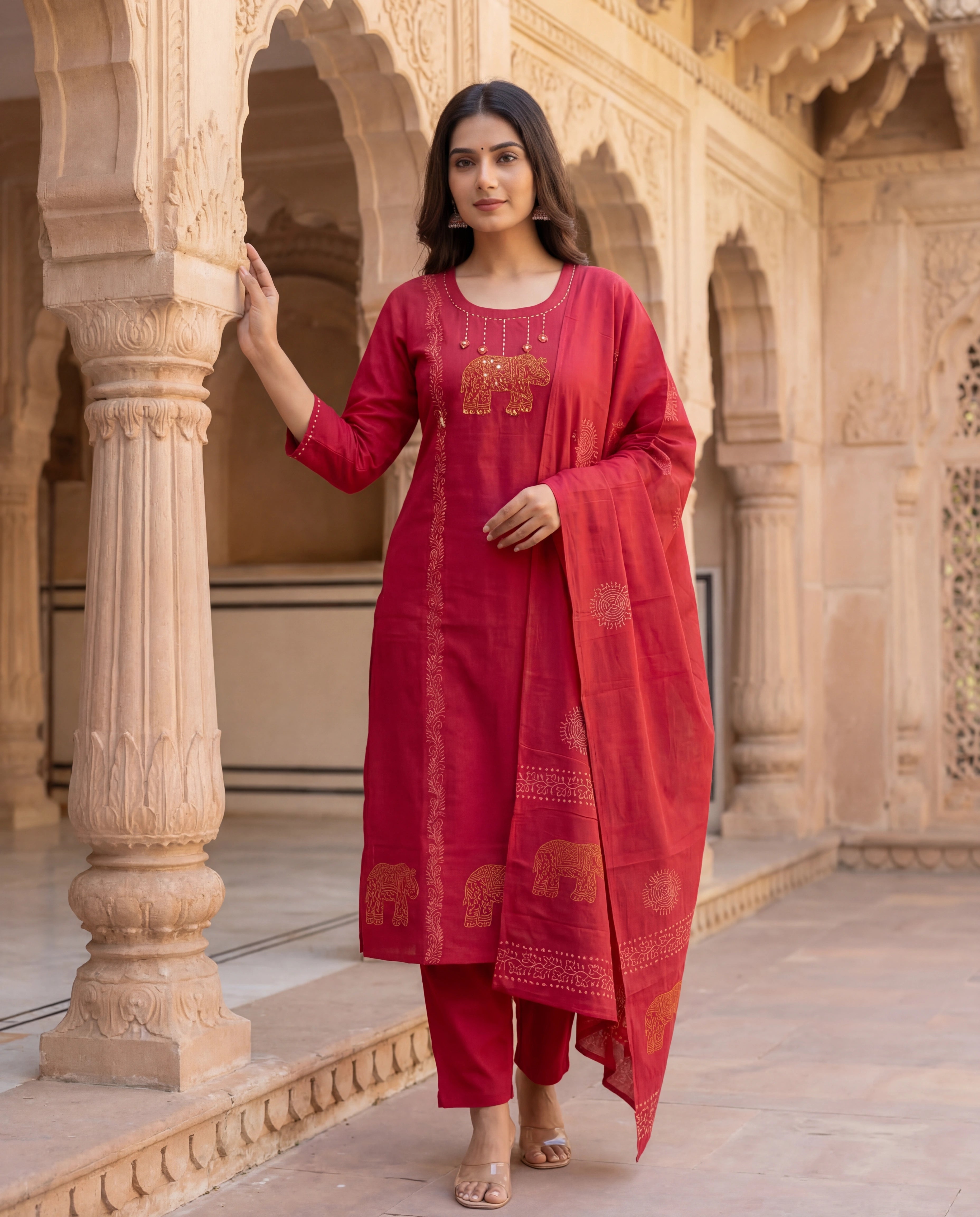 Cherry Red Cotton A-Line Kurti Pant Dupatta Set with Mirror Work | Aarvya Fashion
