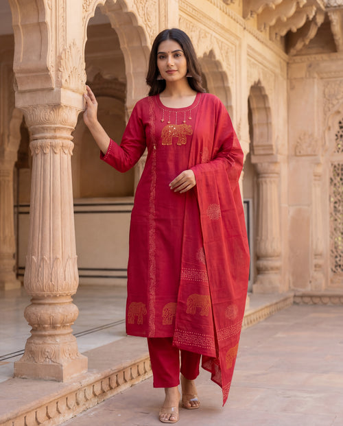 Cherry Red Cotton A-Line Kurti Pant Dupatta Set with Mirror Work | Aarvya Fashion