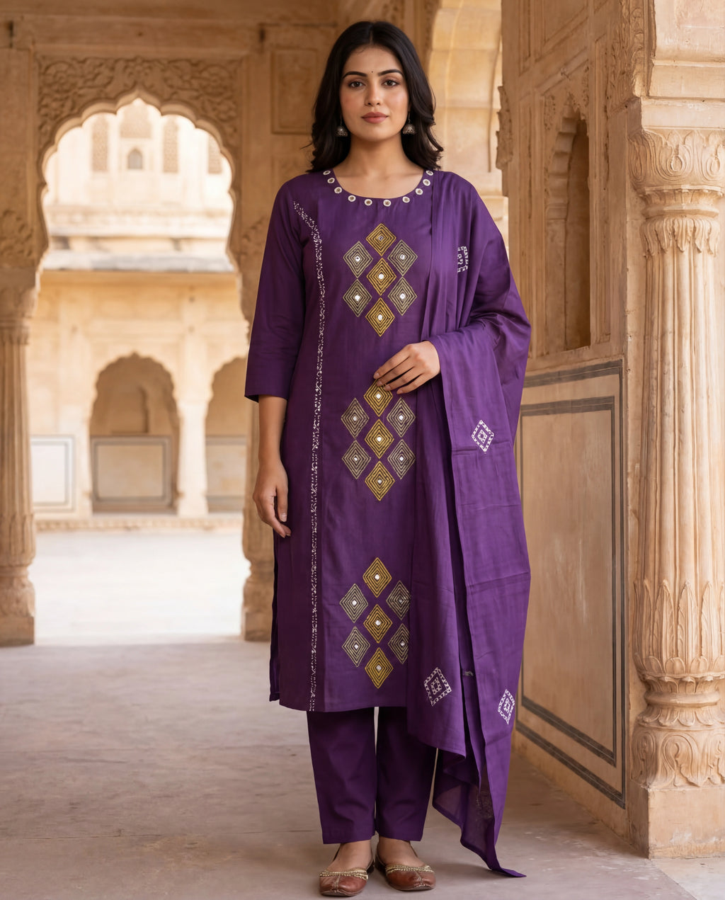 Purple Cotton Kurti Pant Dupatta Set with Mirror Work | Aarvya Fashion