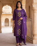 Purple Cotton Kurti Pant Dupatta Set with Mirror Work | Aarvya Fashion