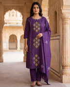 Purple Cotton Kurti Pant Dupatta Set with Mirror Work | Aarvya Fashion