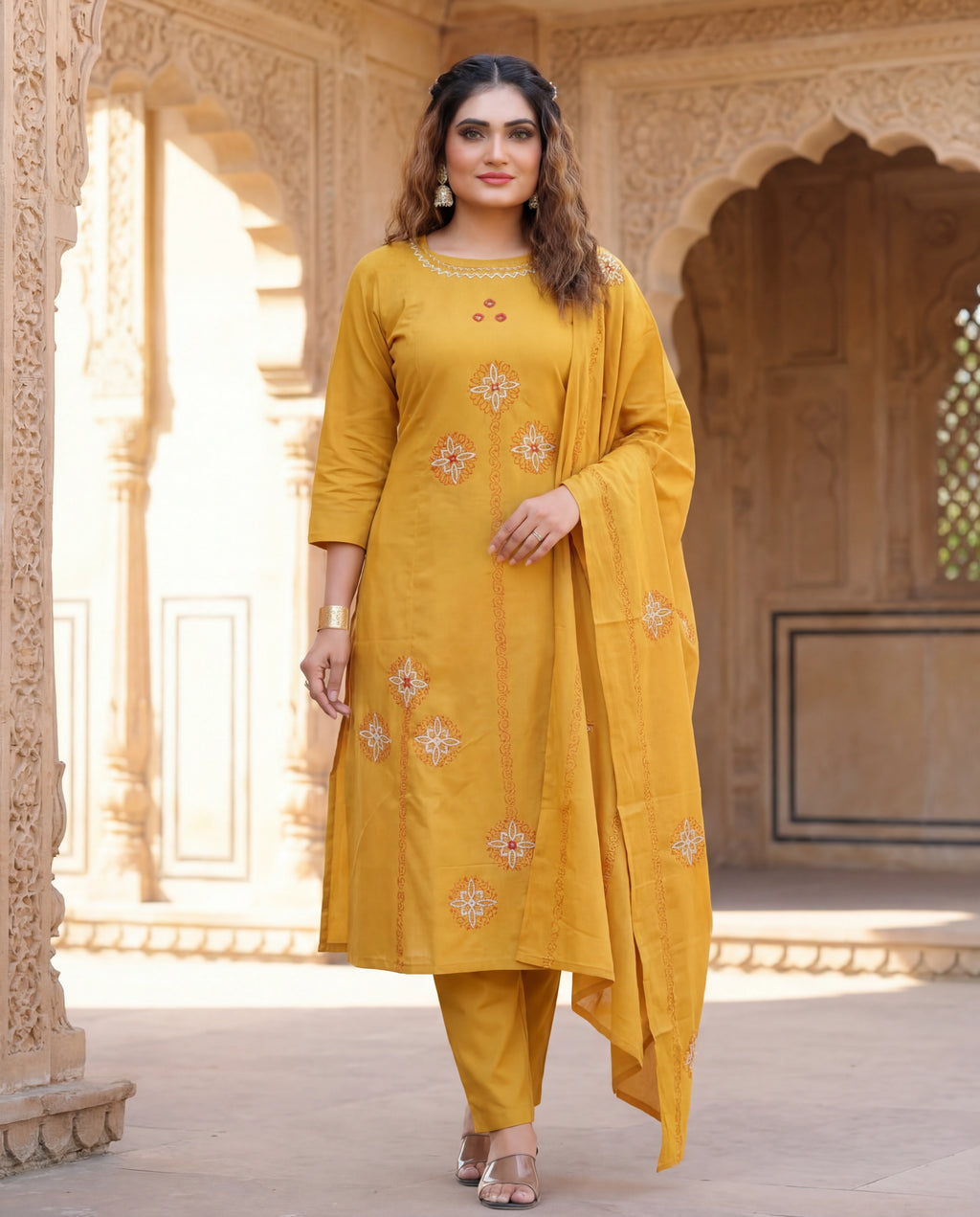 Mustard Cotton A-Line Kurti Pant Dupatta Set with Mirror Work | Aarvya Fashion