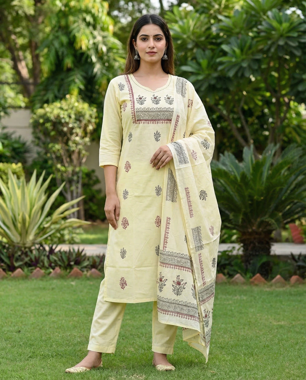 Light Yellow Pure Cotton A-Line Kurti Pant Dupatta Set with Mirror Work for Women