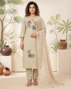 Cream Pure Cotton A-Line Kurti Pant Dupatta Set with Embroidery Work for Women