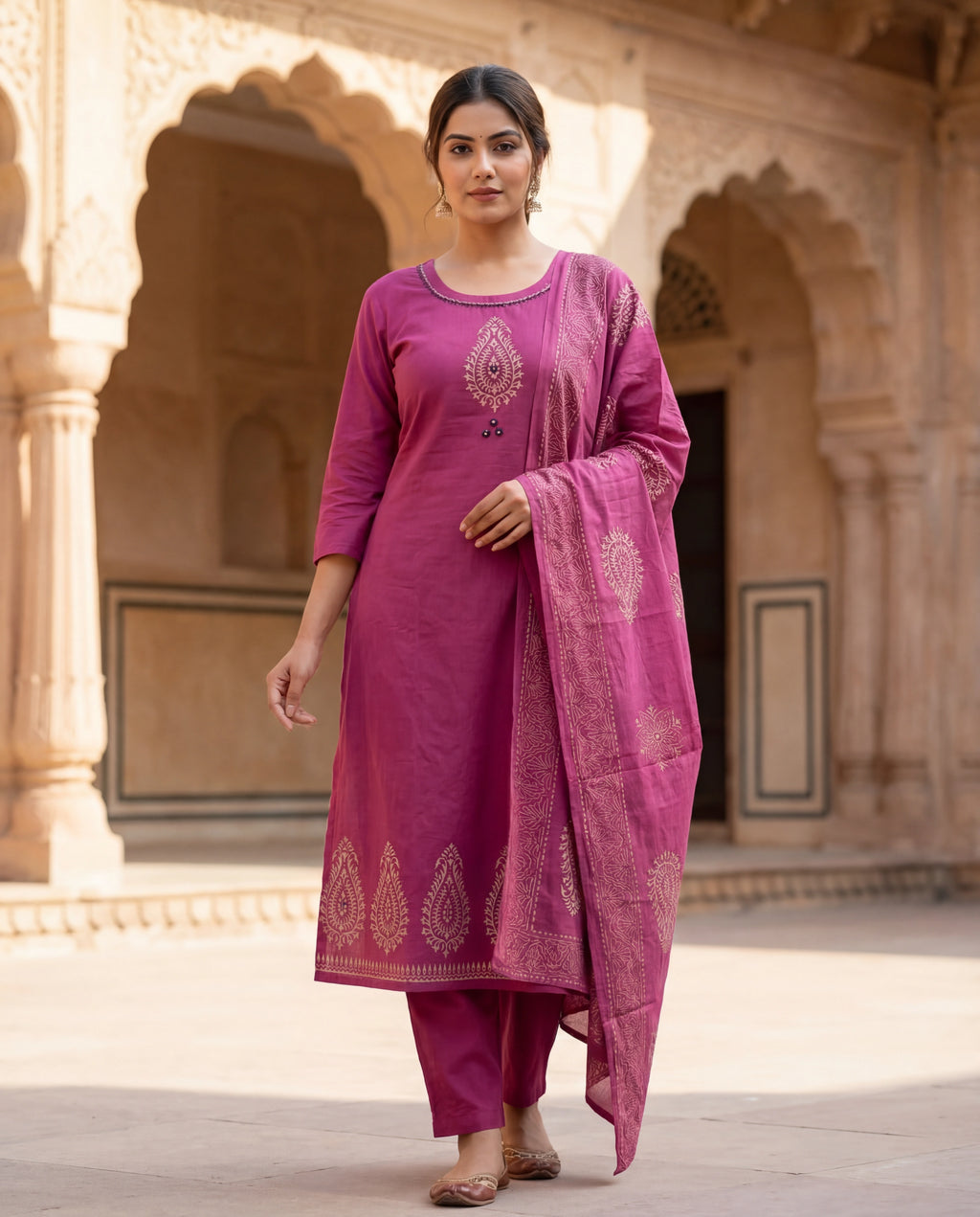 Rouge Cotton A-Line Kurti Pant Dupatta Set with Mirror Work | Aarvya Fashion