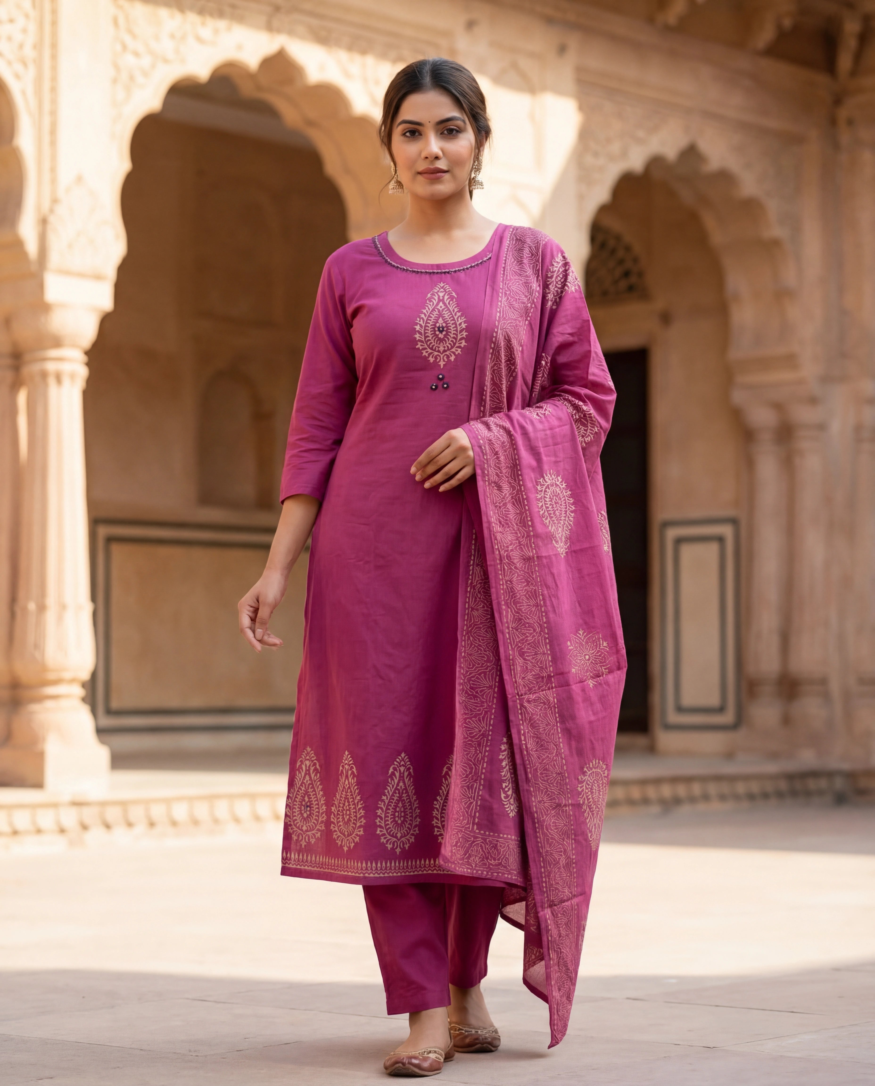 Rouge Cotton A-Line Kurti Pant Dupatta Set with Mirror Work | Aarvya Fashion