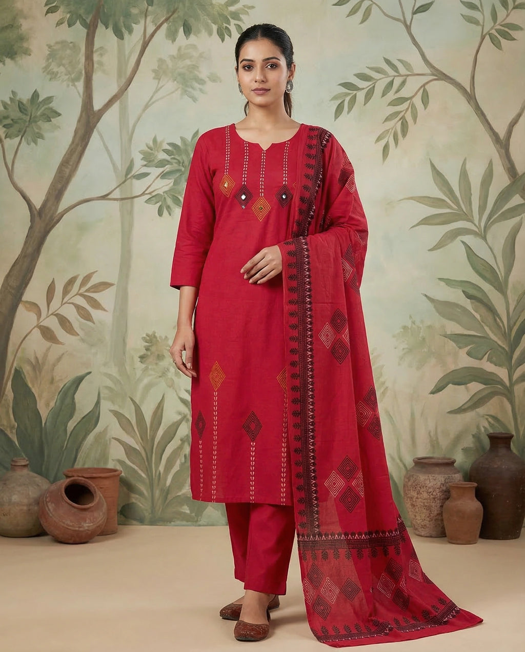 Cherry Pure Cotton Kurti Pant Dupatta Set with Mirror Work for Women