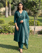Morphich Pure Cotton A-Line Kurti Pant Dupatta Set with Mirror Work for Women