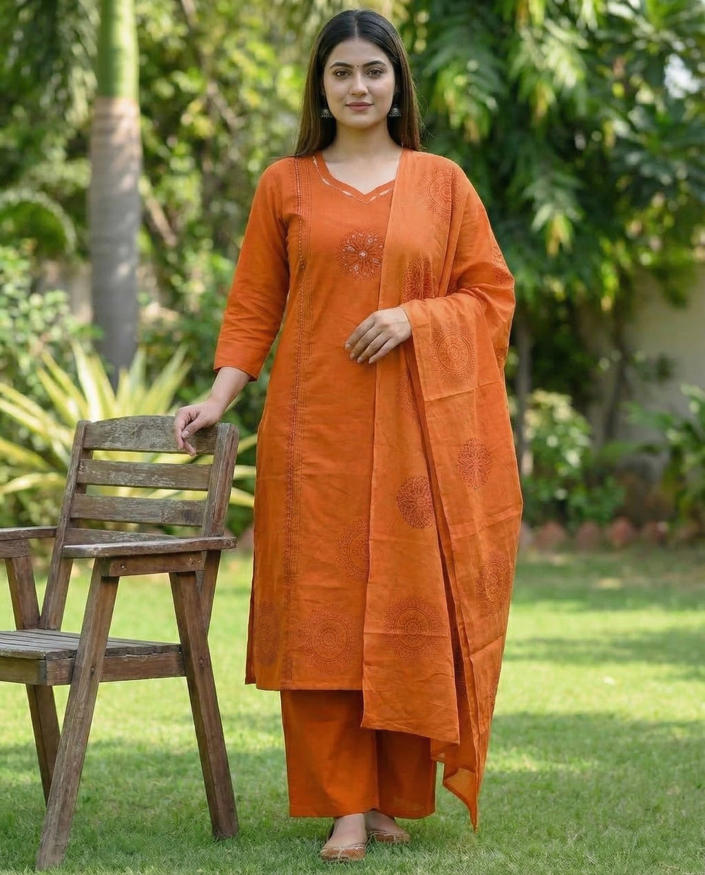 Orange Pure Cotton A-Line Kurti Pant Dupatta Set with Mirror Work for Women